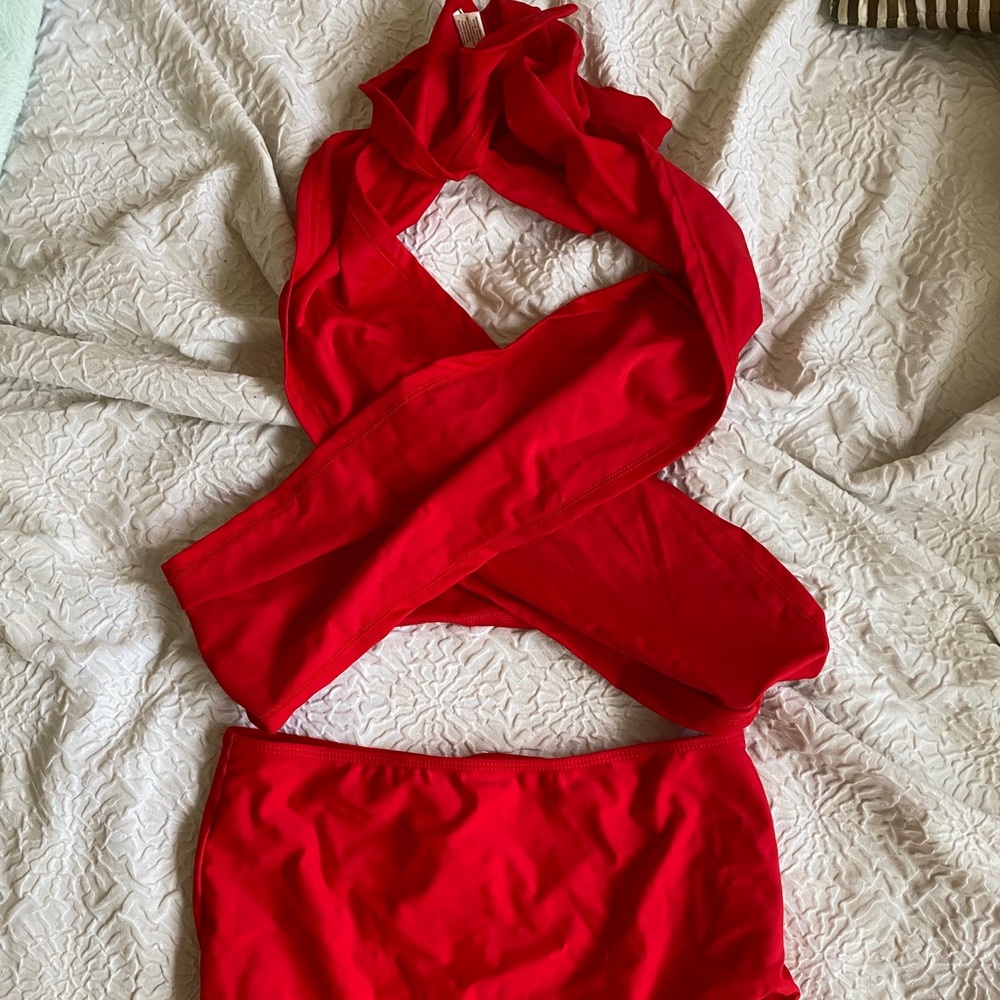 Wrap around red high waisted bathing suit